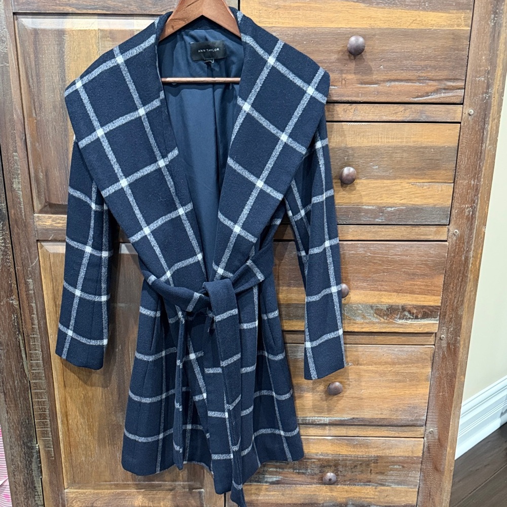 Ann Taylor Navy Checkered Belted Coat